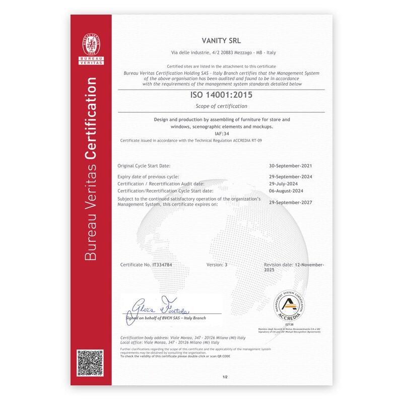 Certificato ISO 14001:2015 Vanity Srl – Bureau Veritas, pagina 1 di 2