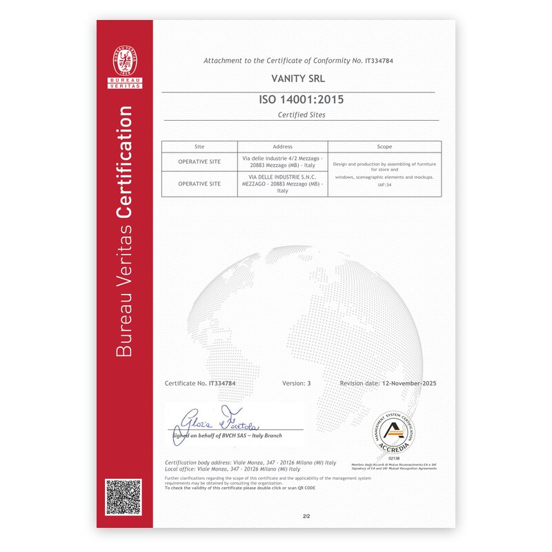 Certificato ISO 14001:2015 Vanity Srl – Bureau Veritas, pagina 2 di 2: siti certificati